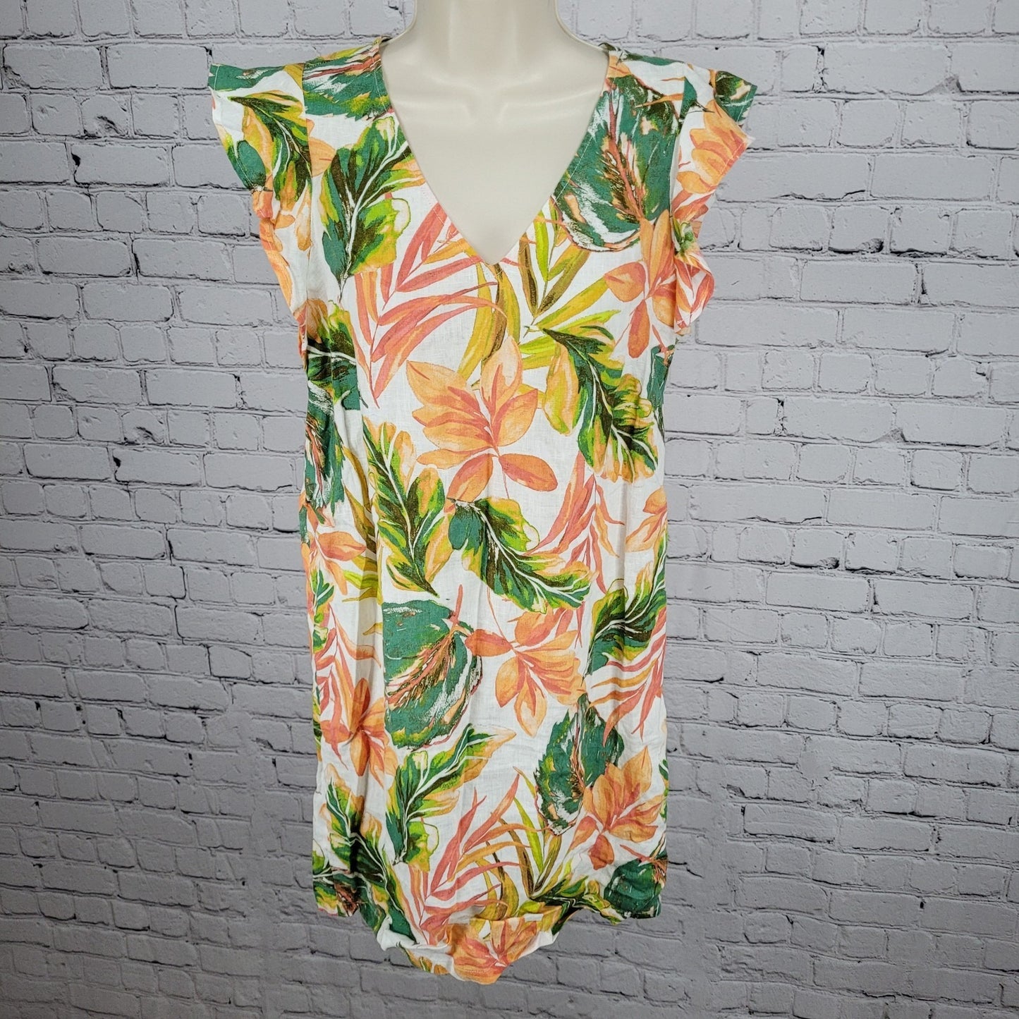 Nicole Miller Multicolor 100% Linen Leaf Print Flutter Sleeve Shift Dress XS