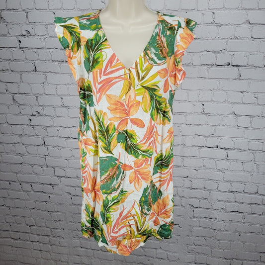 Nicole Miller Multicolor 100% Linen Leaf Print Flutter Sleeve Shift Dress XS