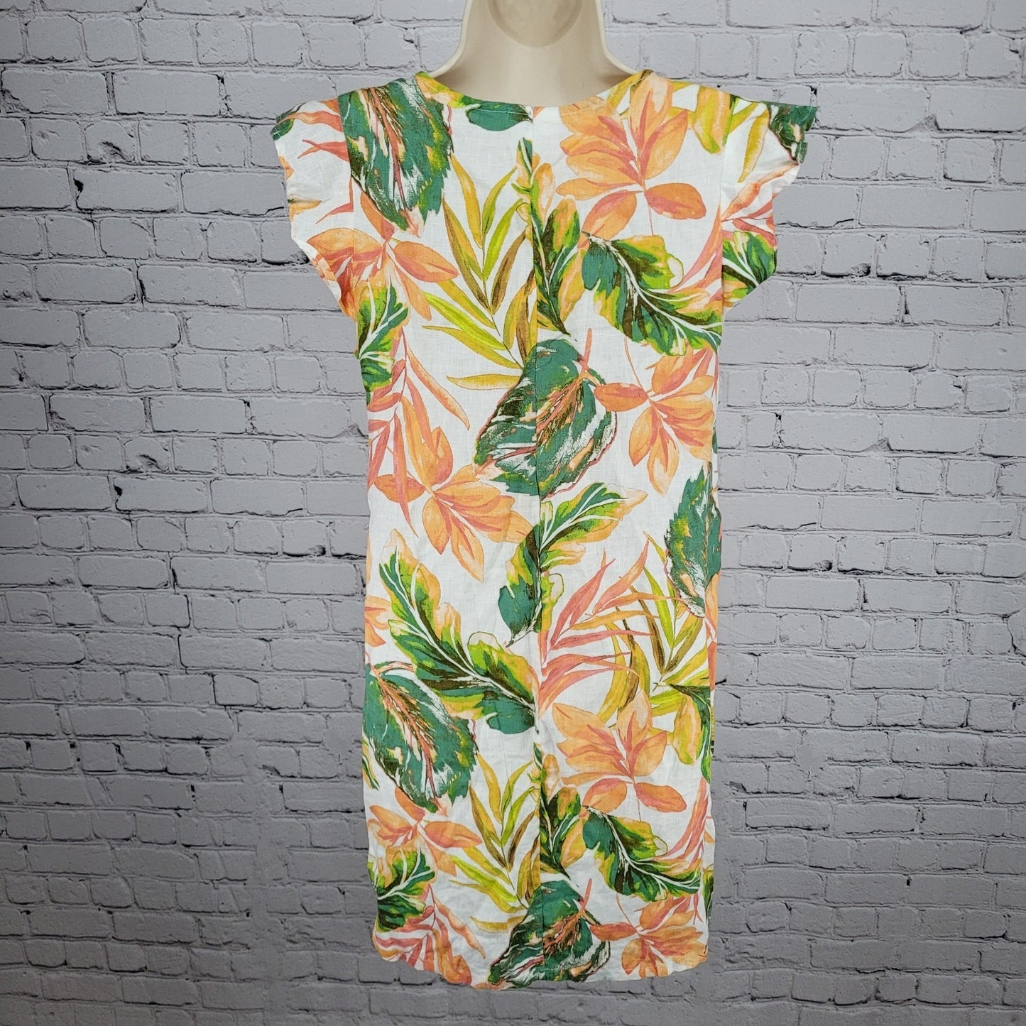 Nicole Miller Multicolor 100% Linen Leaf Print Flutter Sleeve Shift Dress XS