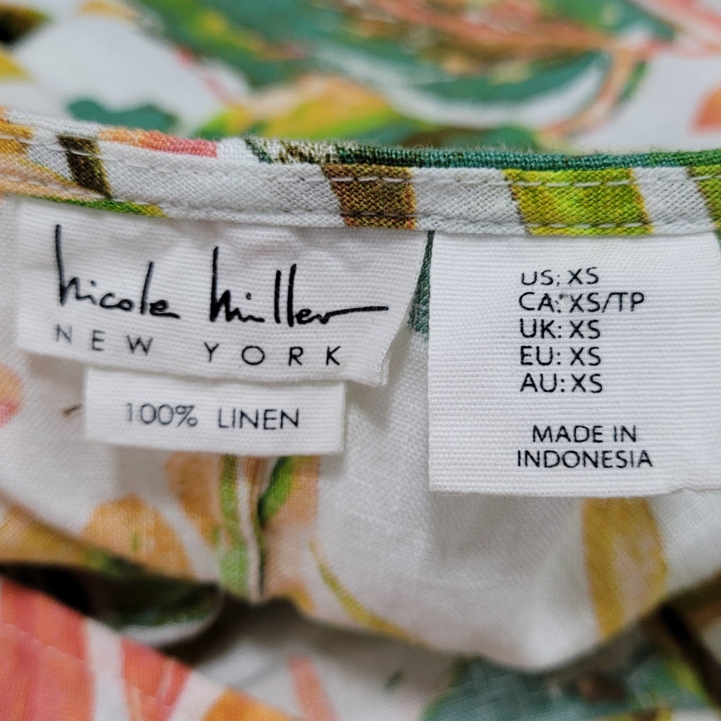 Nicole Miller Multicolor 100% Linen Leaf Print Flutter Sleeve Shift Dress XS