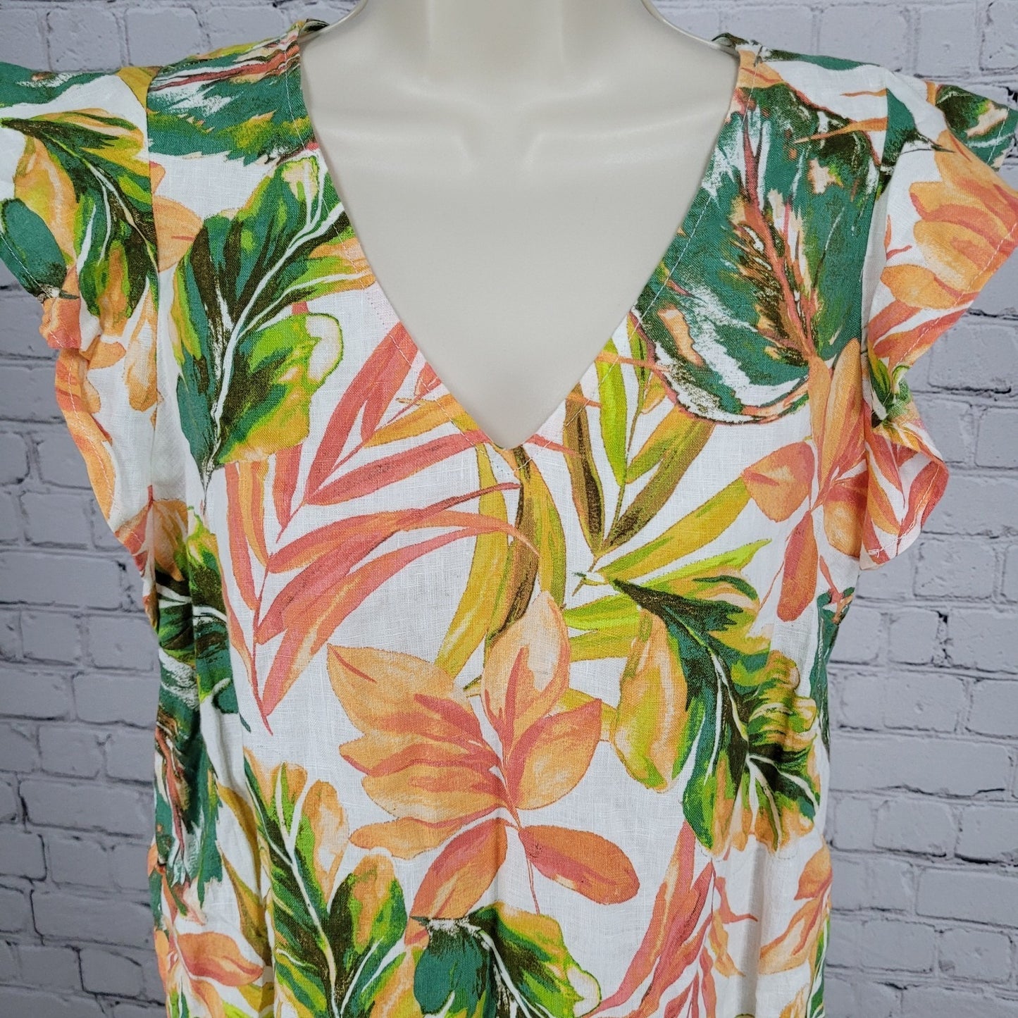 Nicole Miller Multicolor 100% Linen Leaf Print Flutter Sleeve Shift Dress XS