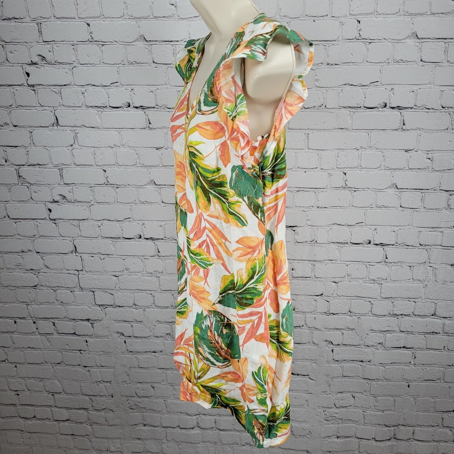 Nicole Miller Multicolor 100% Linen Leaf Print Flutter Sleeve Shift Dress XS