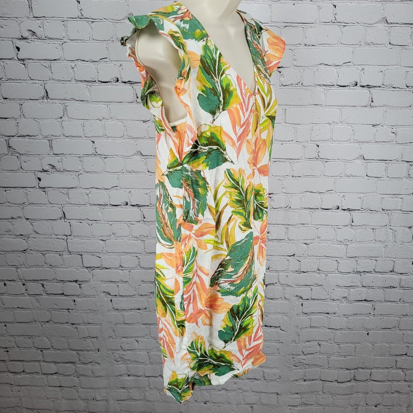 Nicole Miller Multicolor 100% Linen Leaf Print Flutter Sleeve Shift Dress XS