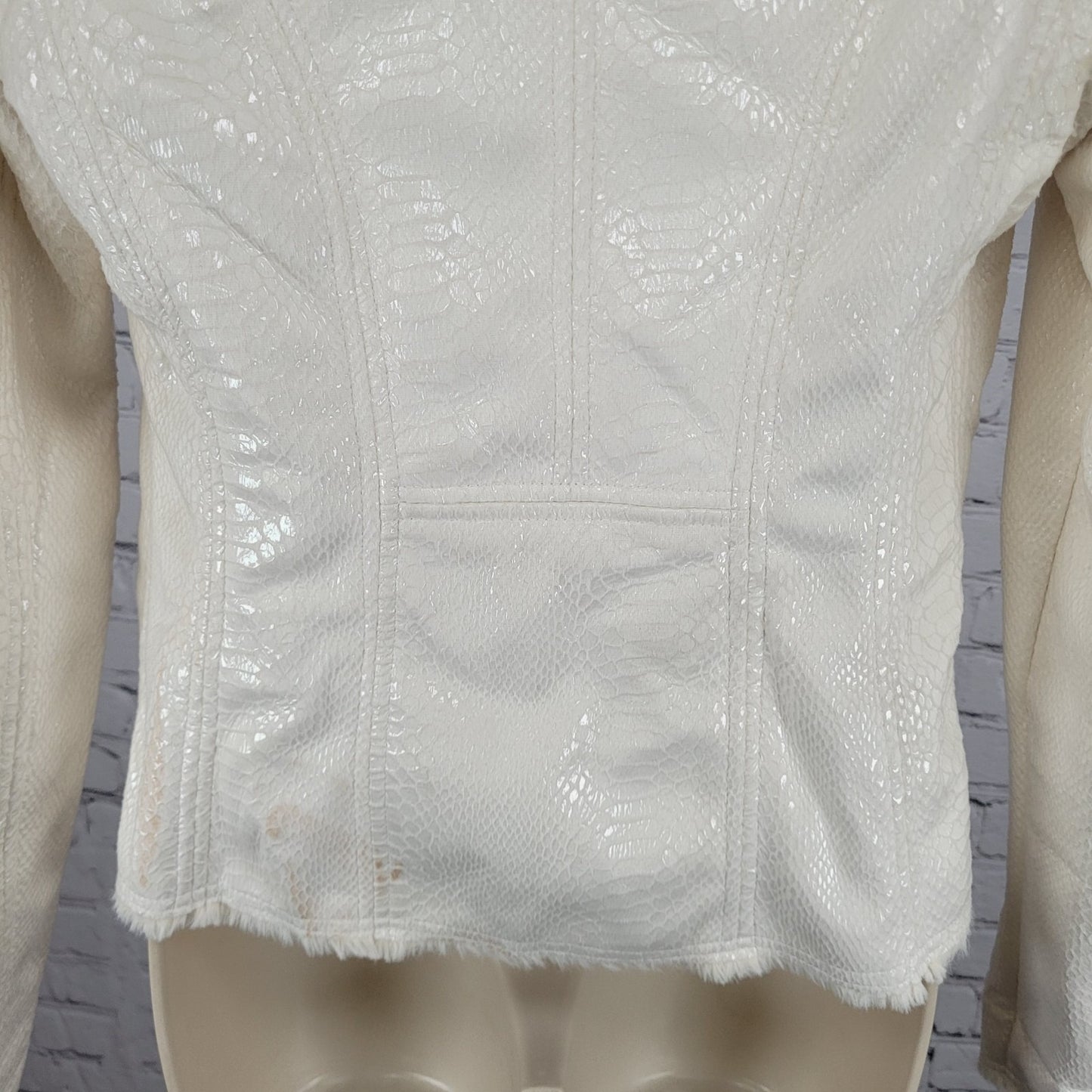 BKE Ivory Animal Print Soft Faux Fur Lined Snap Front Moto Jacket Size Small S