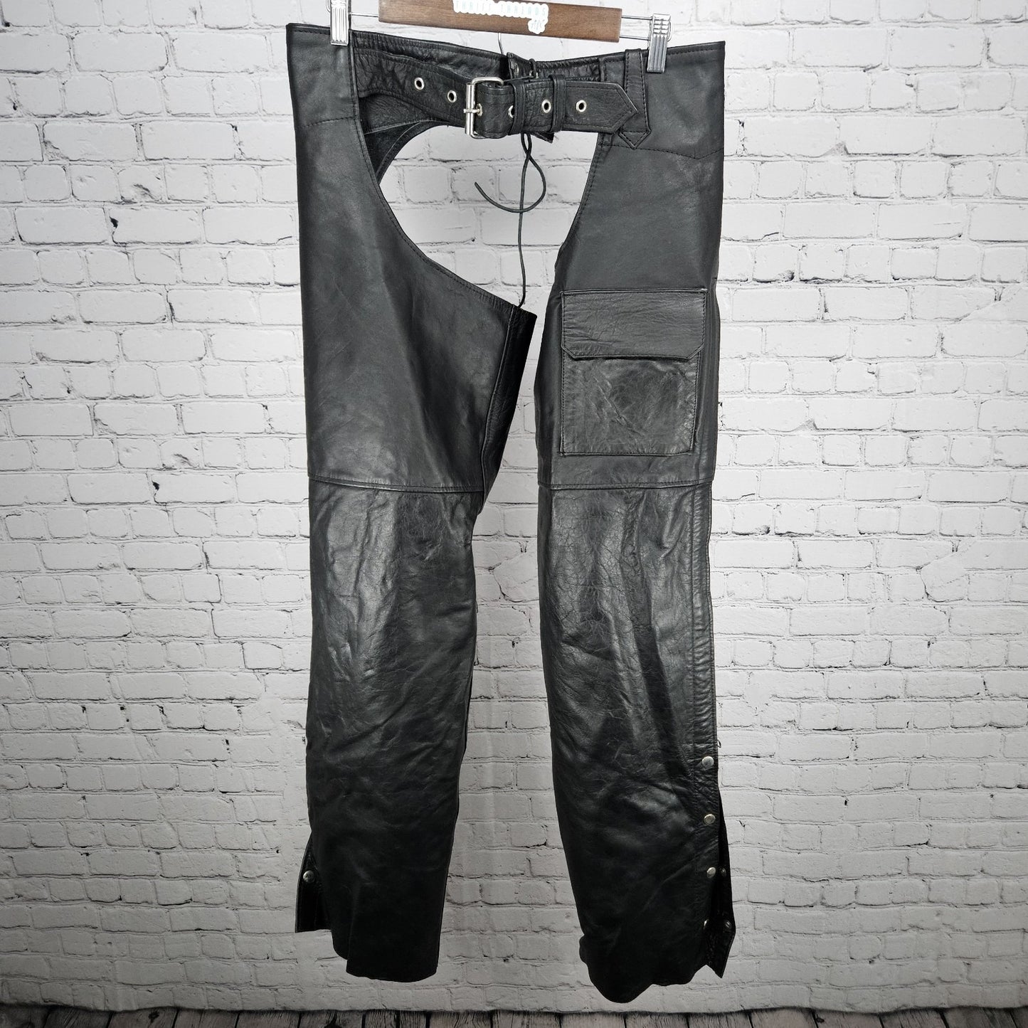 Interstate Leather Black Belted Zip Snap Motorcycle Gear Chaps Pants Size XL