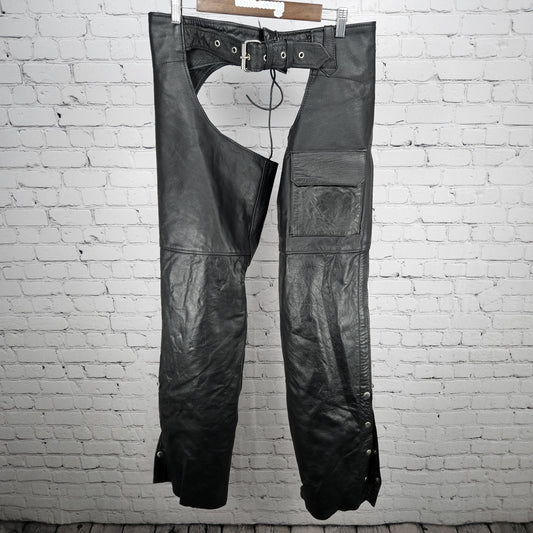 Interstate Leather Black Belted Zip Snap Motorcycle Gear Chaps Pants Size XL