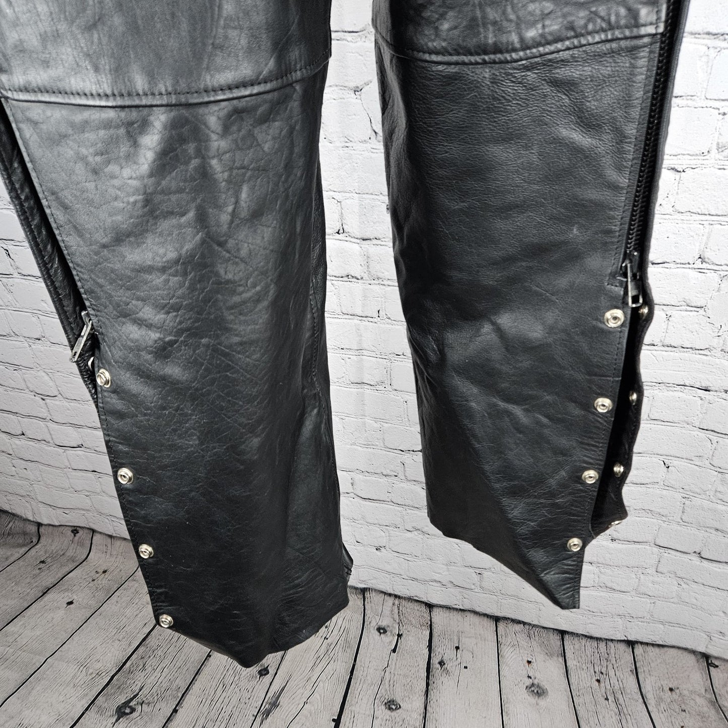 Interstate Leather Black Belted Zip Snap Motorcycle Gear Chaps Pants Size XL
