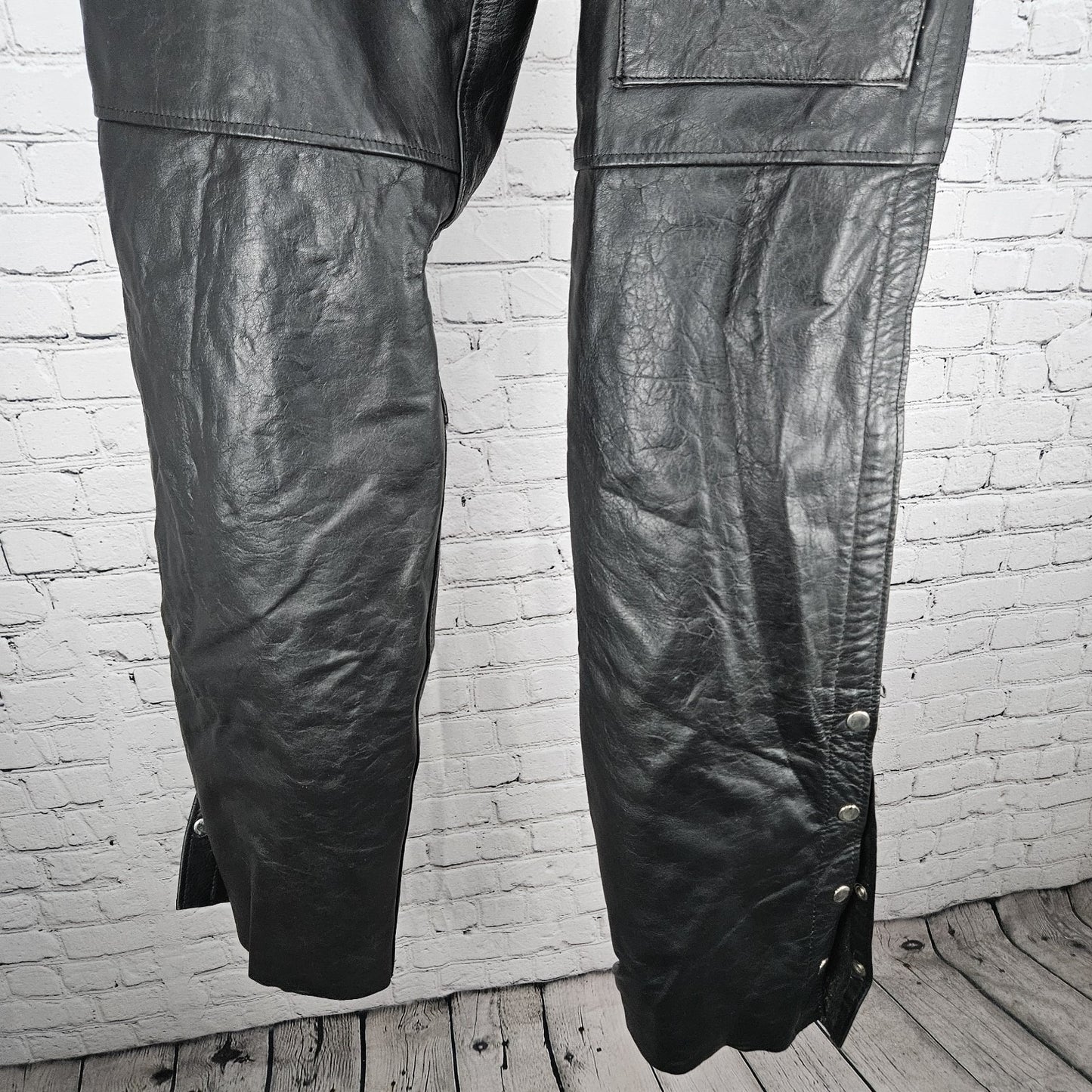 Interstate Leather Black Belted Zip Snap Motorcycle Gear Chaps Pants Size XL