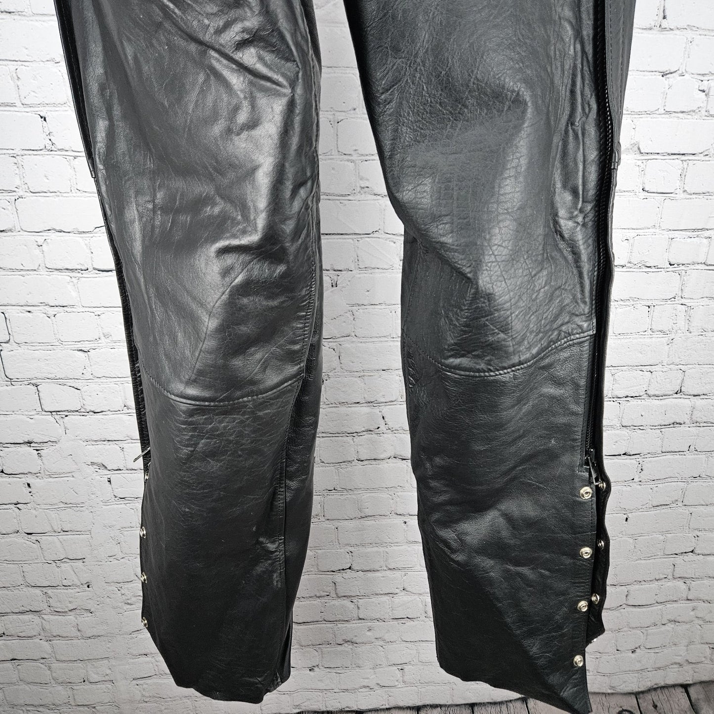Interstate Leather Black Belted Zip Snap Motorcycle Gear Chaps Pants Size XL