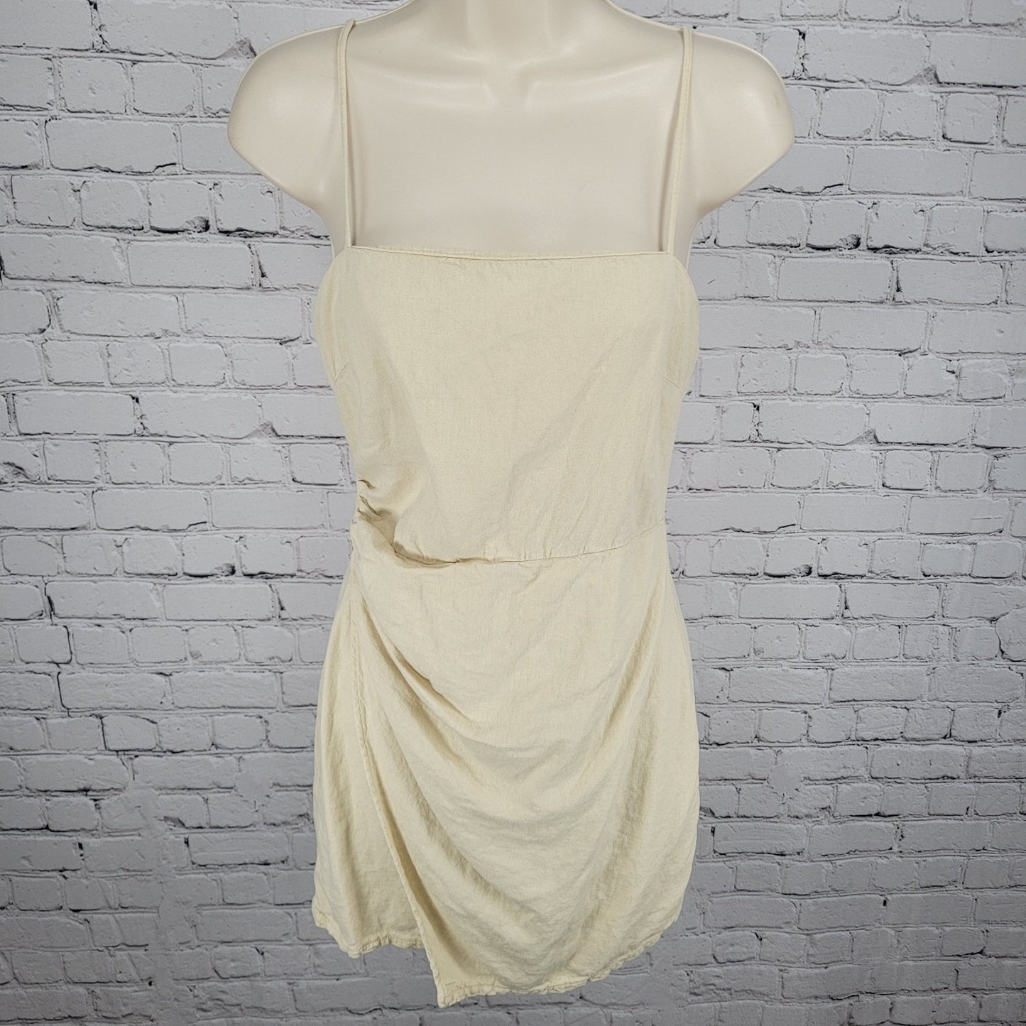 Zara Beige Linen Blend Strappy Ruched Wrap Lightweight Mini Dress Size Small S