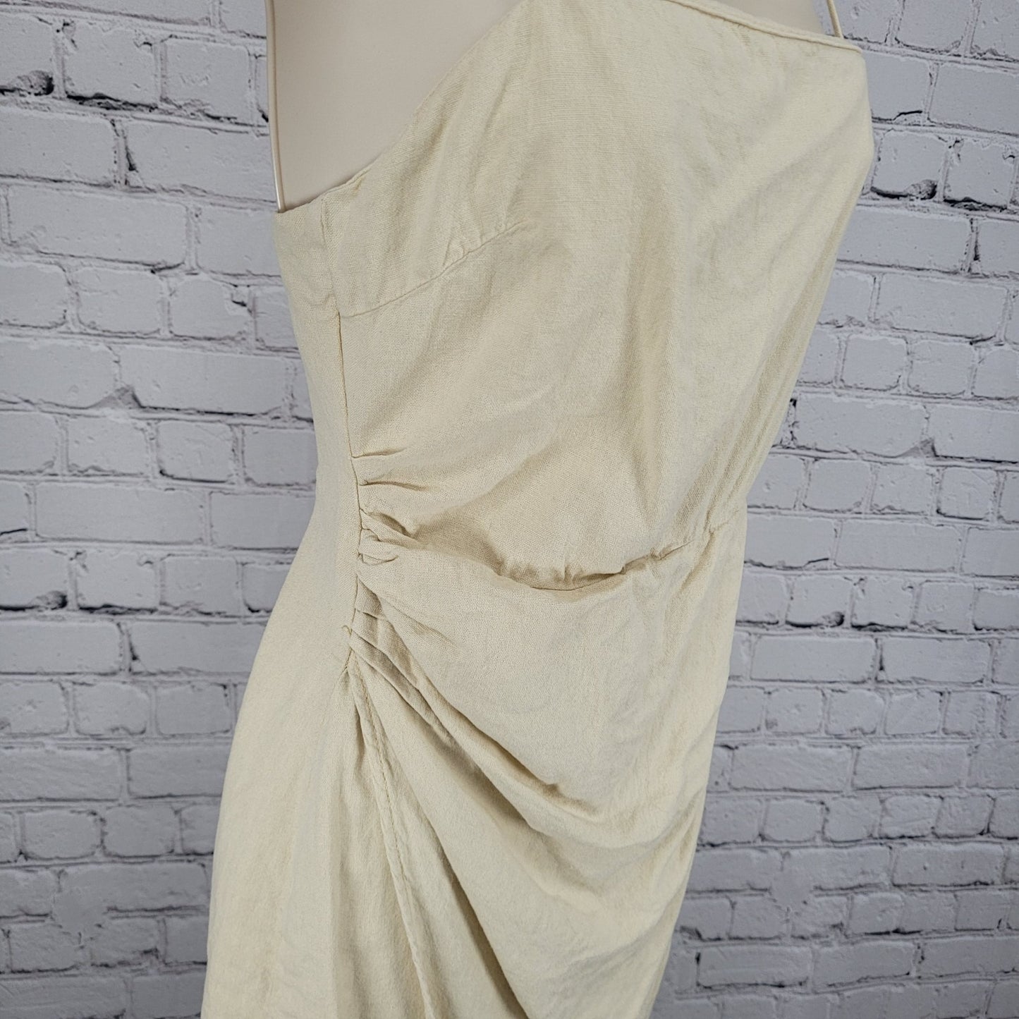 Zara Beige Linen Blend Strappy Ruched Wrap Lightweight Mini Dress Size Small S
