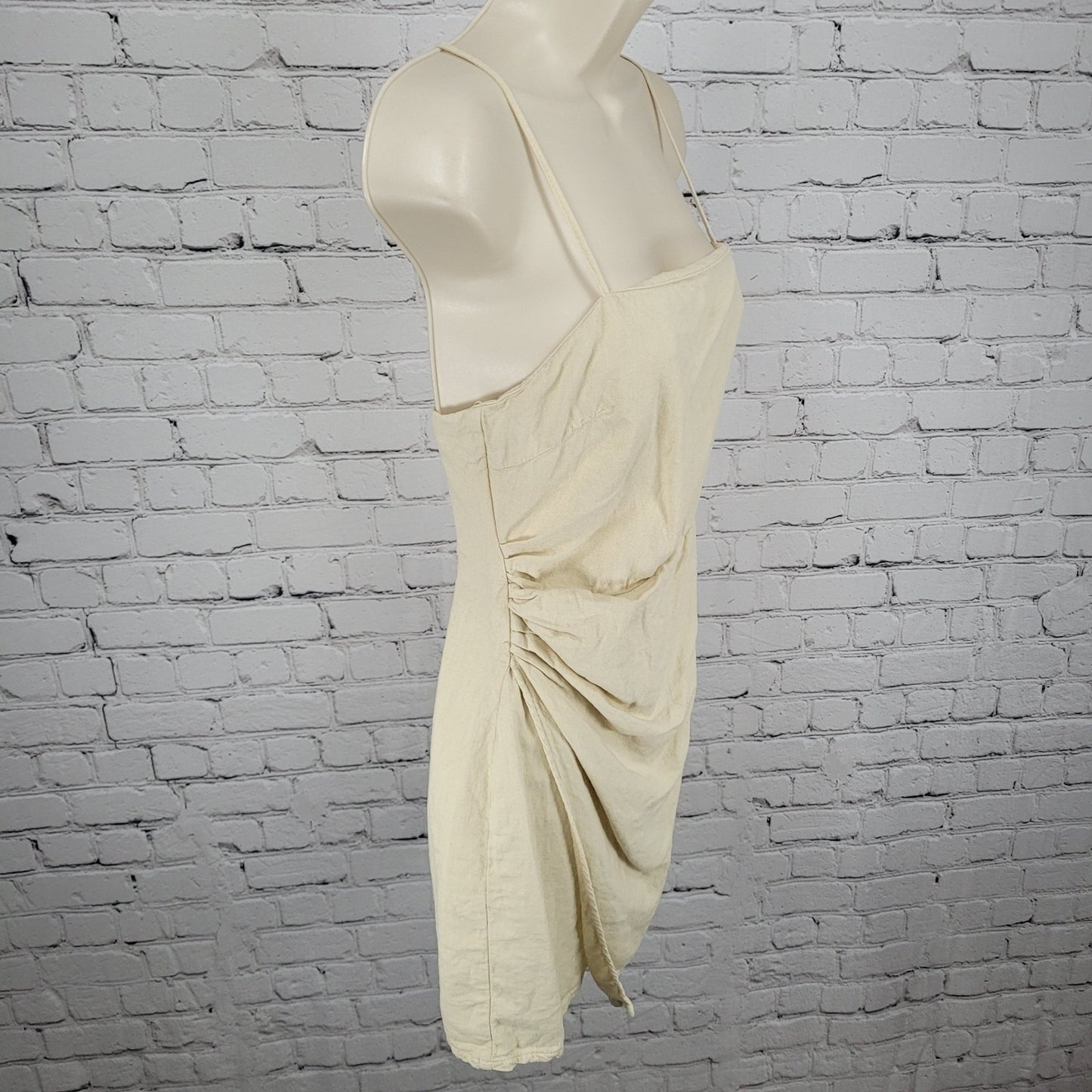 Zara Beige Linen Blend Strappy Ruched Wrap Lightweight Mini Dress Size Small S