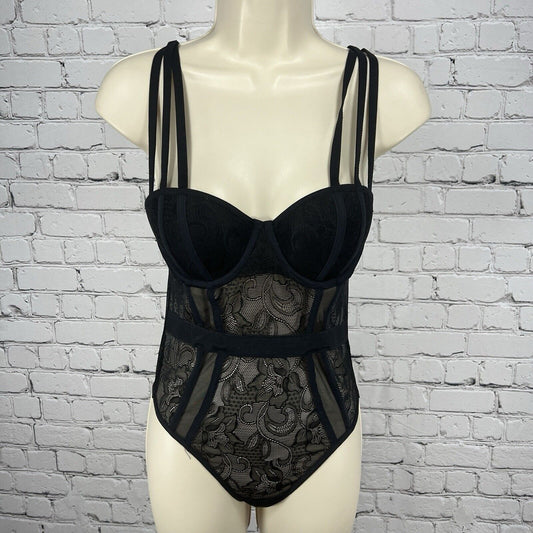 Cassandra Intimates Black Sheer Lace Bodysuit One Piece Teddy Thong Small S