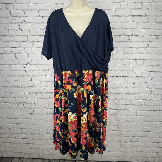 Nemidor Blue Floral Wrap Short Sleeve A Line Stretch Dress Pockets Size US 26