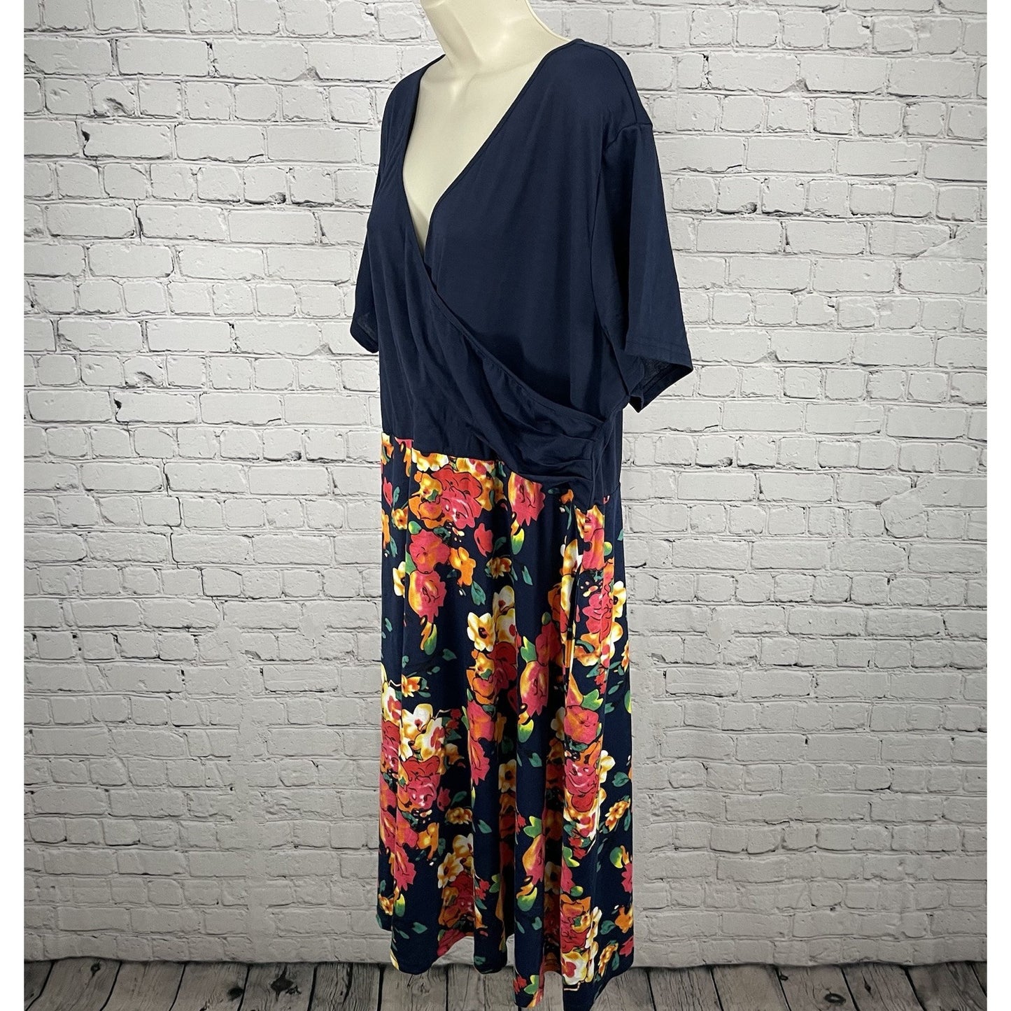 Nemidor Blue Floral Wrap Short Sleeve A Line Stretch Dress Pockets Size US 26