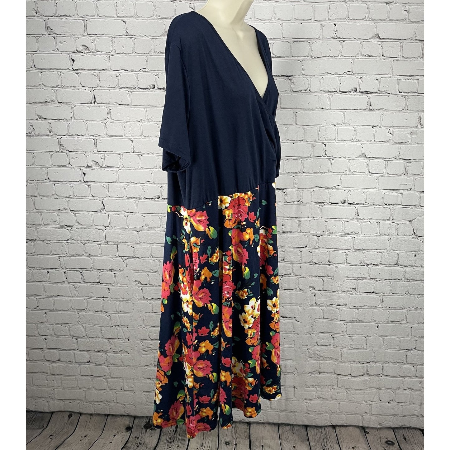 Nemidor Blue Floral Wrap Short Sleeve A Line Stretch Dress Pockets Size US 26