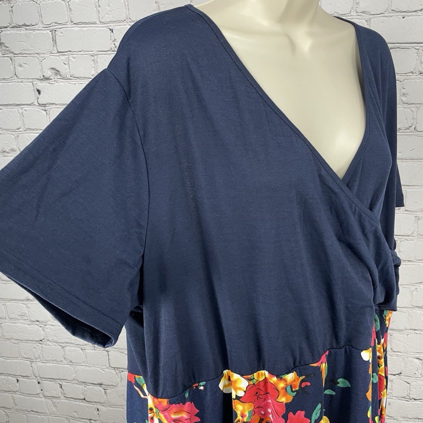 Nemidor Blue Floral Wrap Short Sleeve A Line Stretch Dress Pockets Size US 26