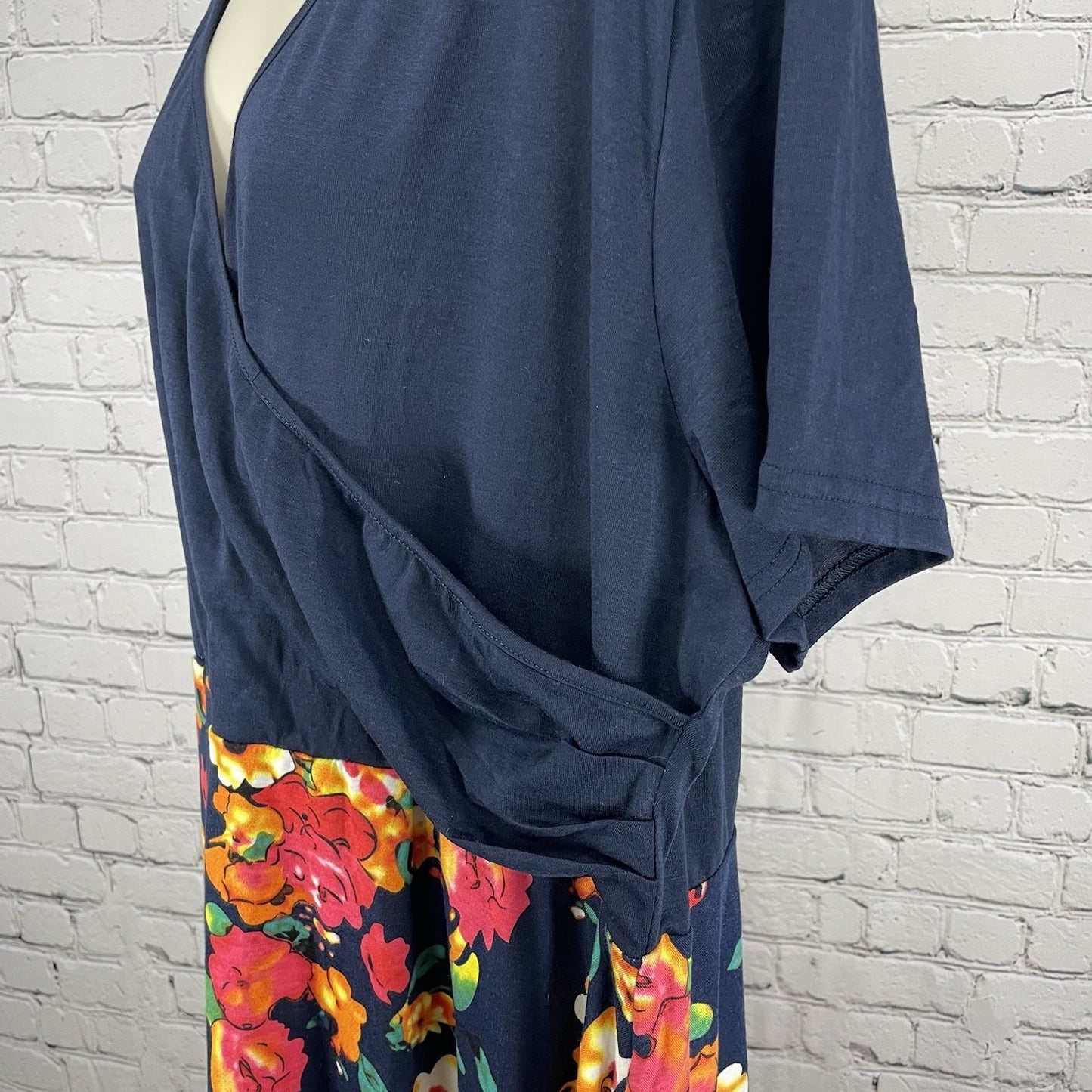 Nemidor Blue Floral Wrap Short Sleeve A Line Stretch Dress Pockets Size US 26