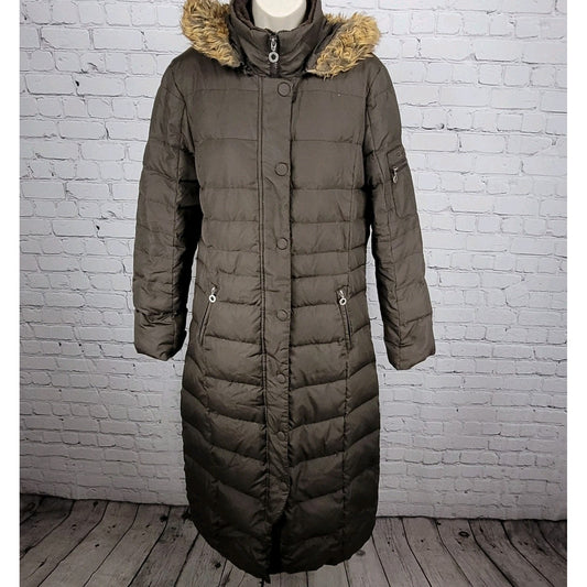 DKNY Brown Down Feather Insulated Removable Fur Hood Puffer Parka Coat Medium M