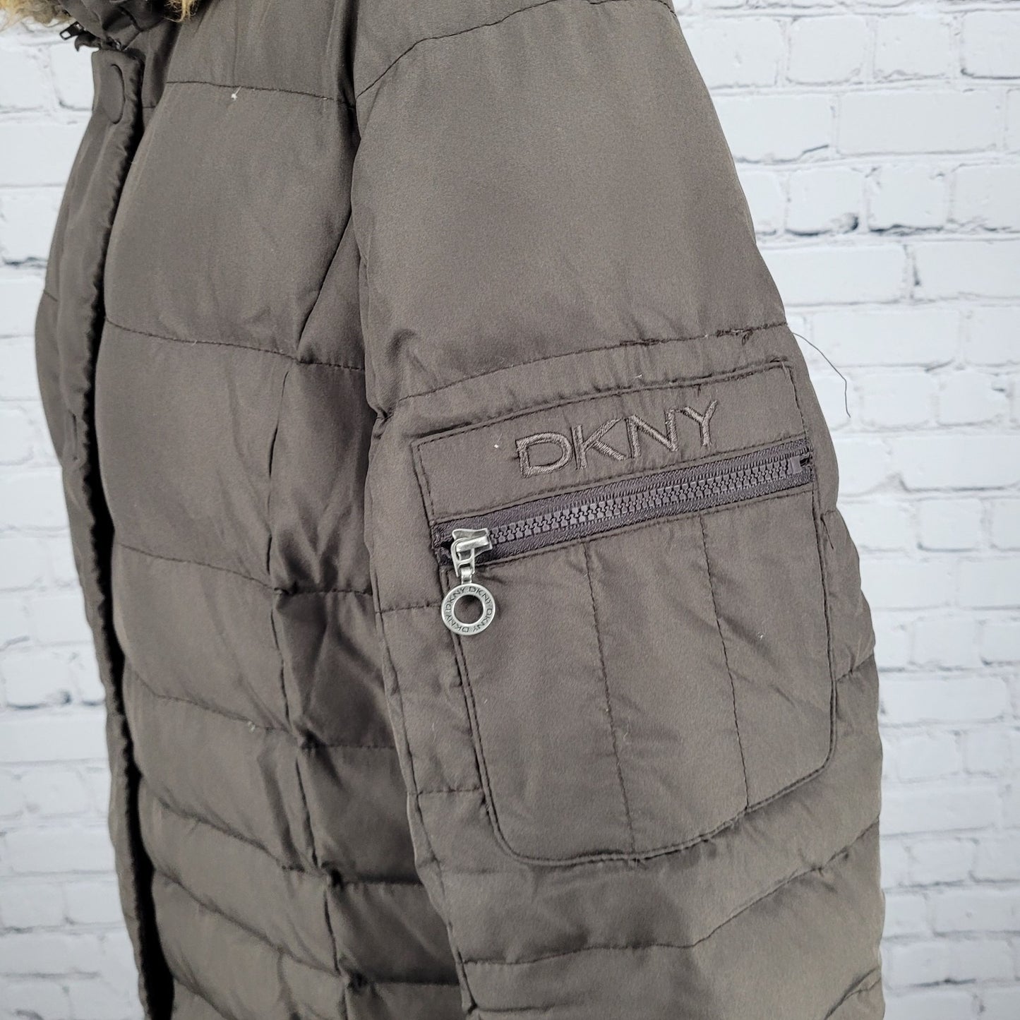 DKNY Brown Down Feather Insulated Removable Fur Hood Puffer Parka Coat Medium M