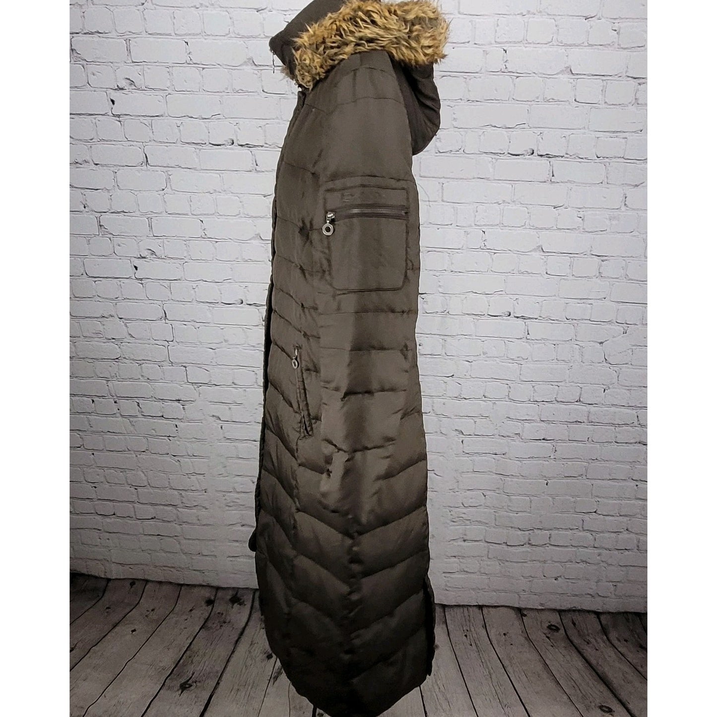 DKNY Brown Down Feather Insulated Removable Fur Hood Puffer Parka Coat Medium M