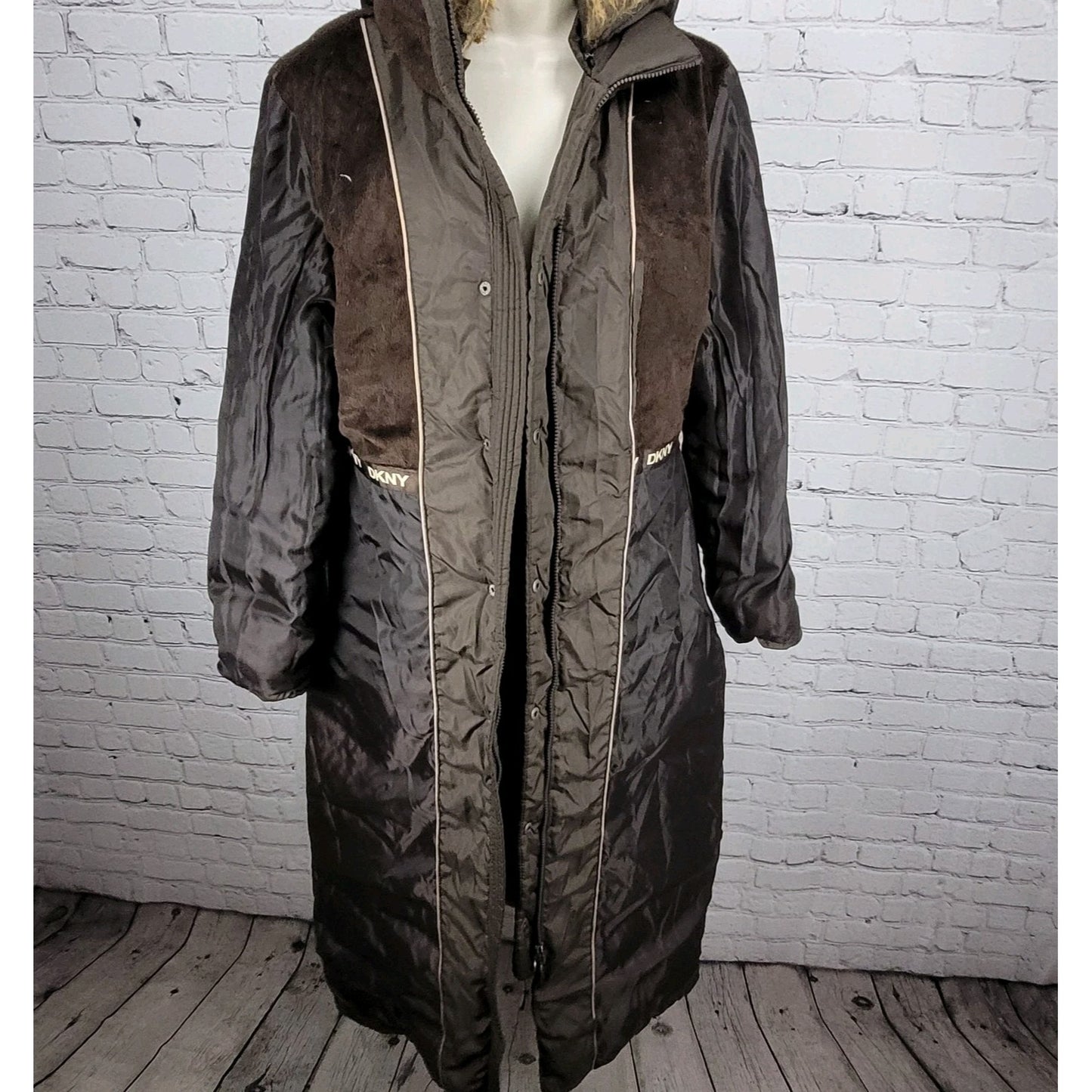 DKNY Brown Down Feather Insulated Removable Fur Hood Puffer Parka Coat Medium M