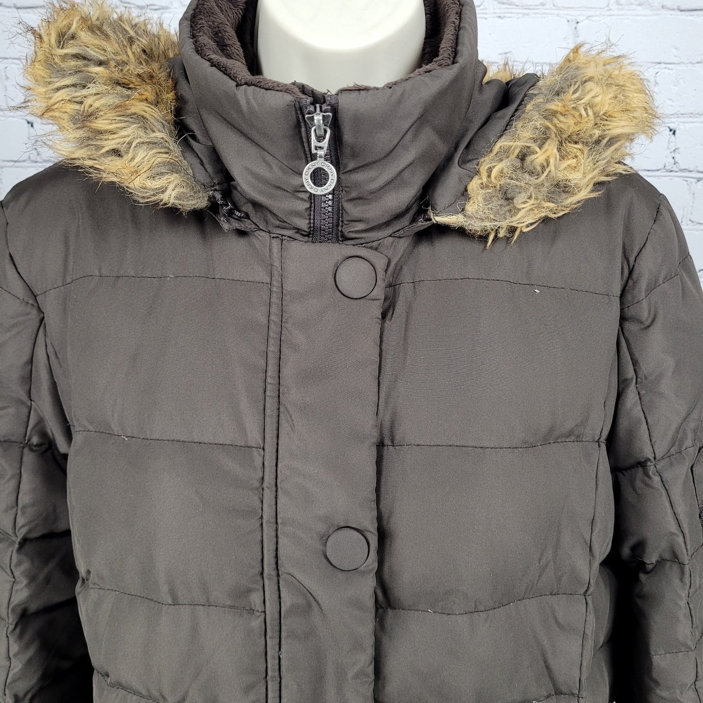 DKNY Brown Down Feather Insulated Removable Fur Hood Puffer Parka Coat Medium M