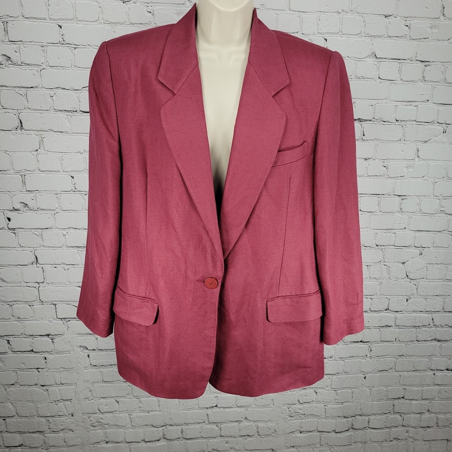 VTG Jos A Bank Women Pink Linen Blend Herringbone Blazer Jacket USA Made Size 14