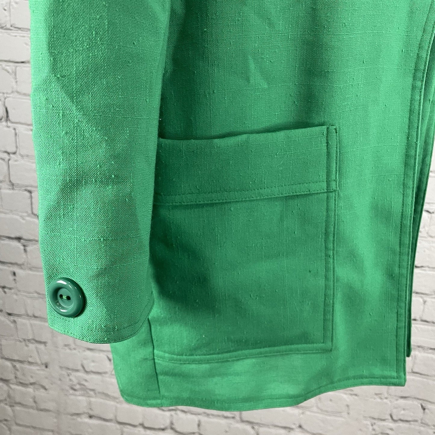 VTG Caron Green Open Lightweight Unlined Blazer Jacket Pockets USA Made Size 8
