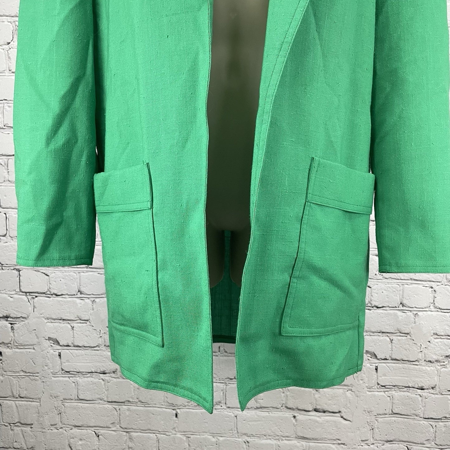 VTG Caron Green Open Lightweight Unlined Blazer Jacket Pockets USA Made Size 8