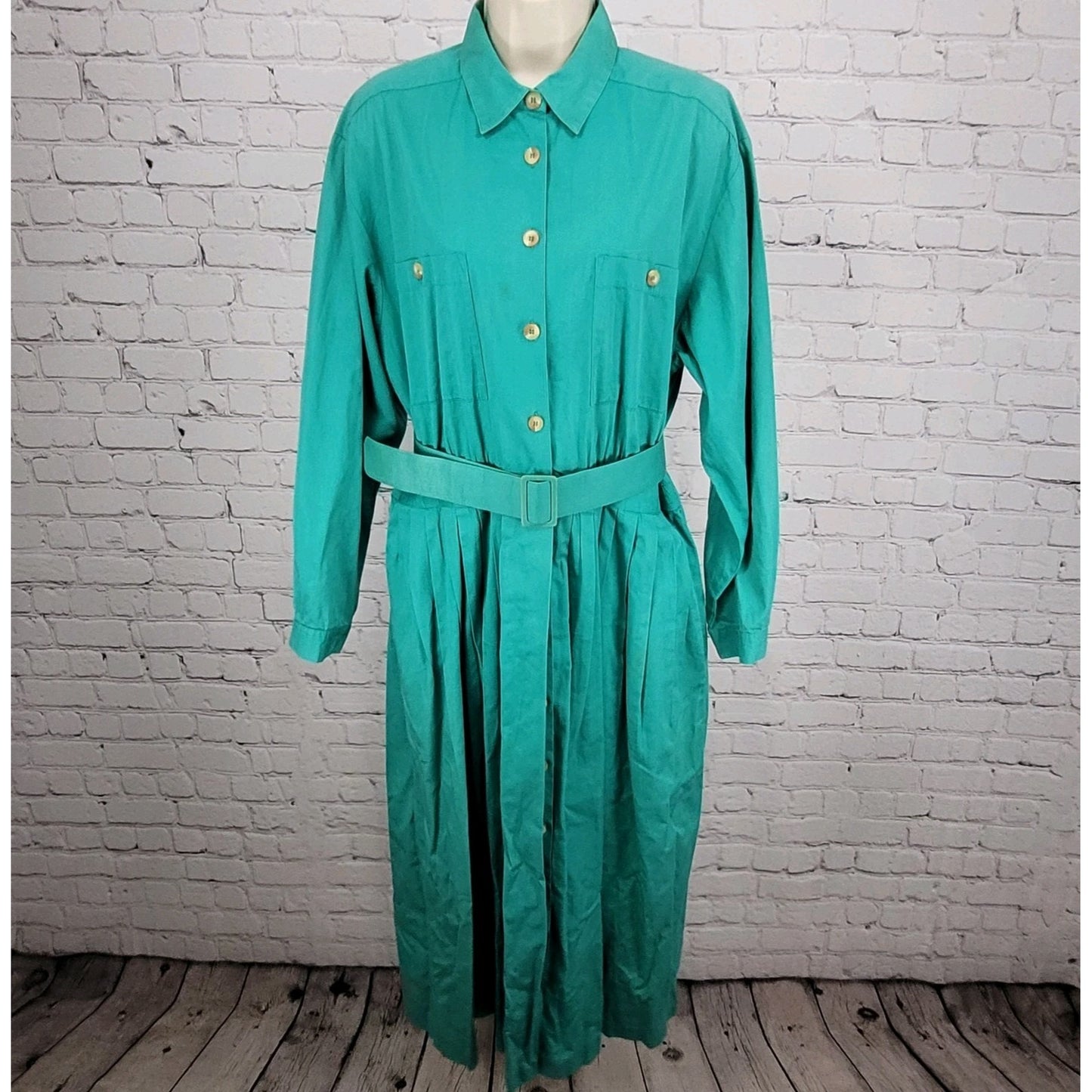 VTG Talbots Green 100% Cotton Buttoned Belted Long Sleeve Shirt Dress Size 16