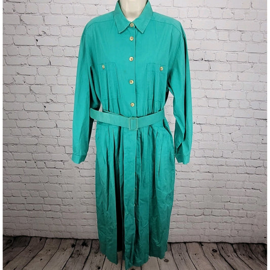 VTG Talbots Green 100% Cotton Buttoned Belted Long Sleeve Shirt Dress Size 16