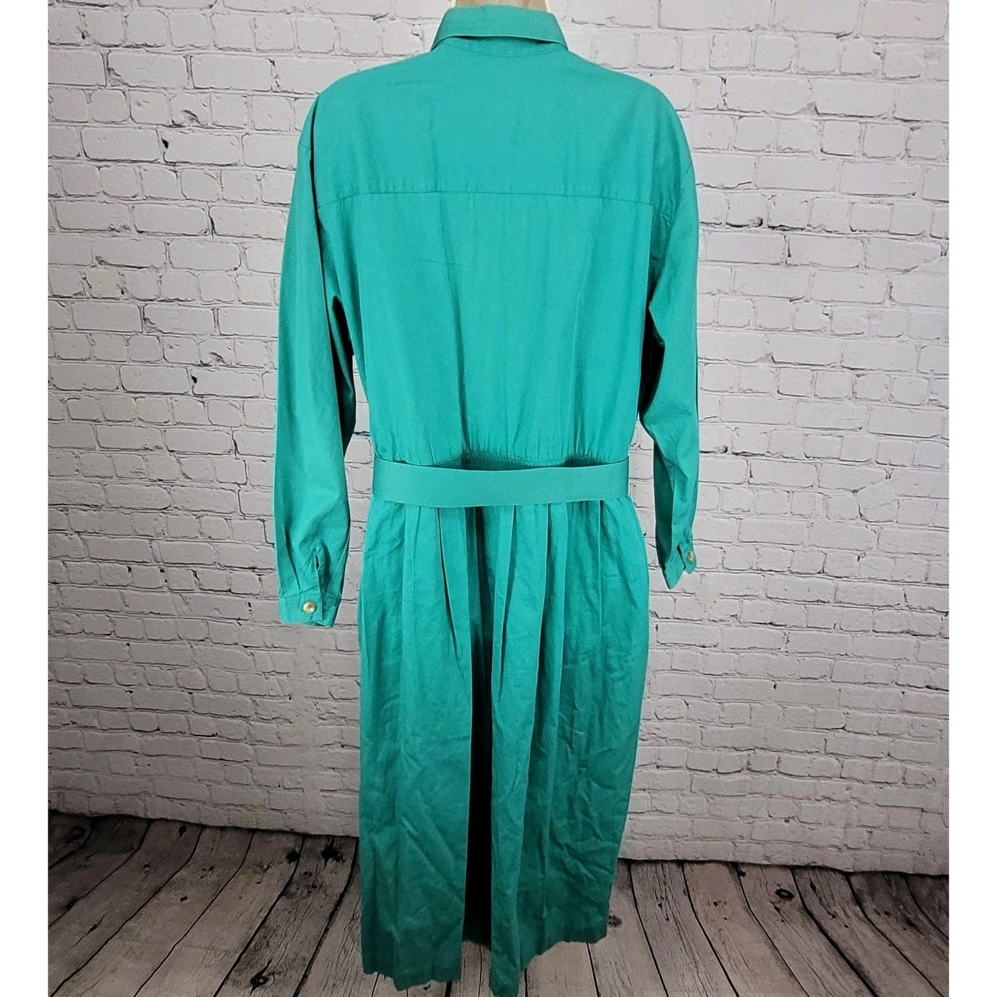 VTG Talbots Green 100% Cotton Buttoned Belted Long Sleeve Shirt Dress Size 16