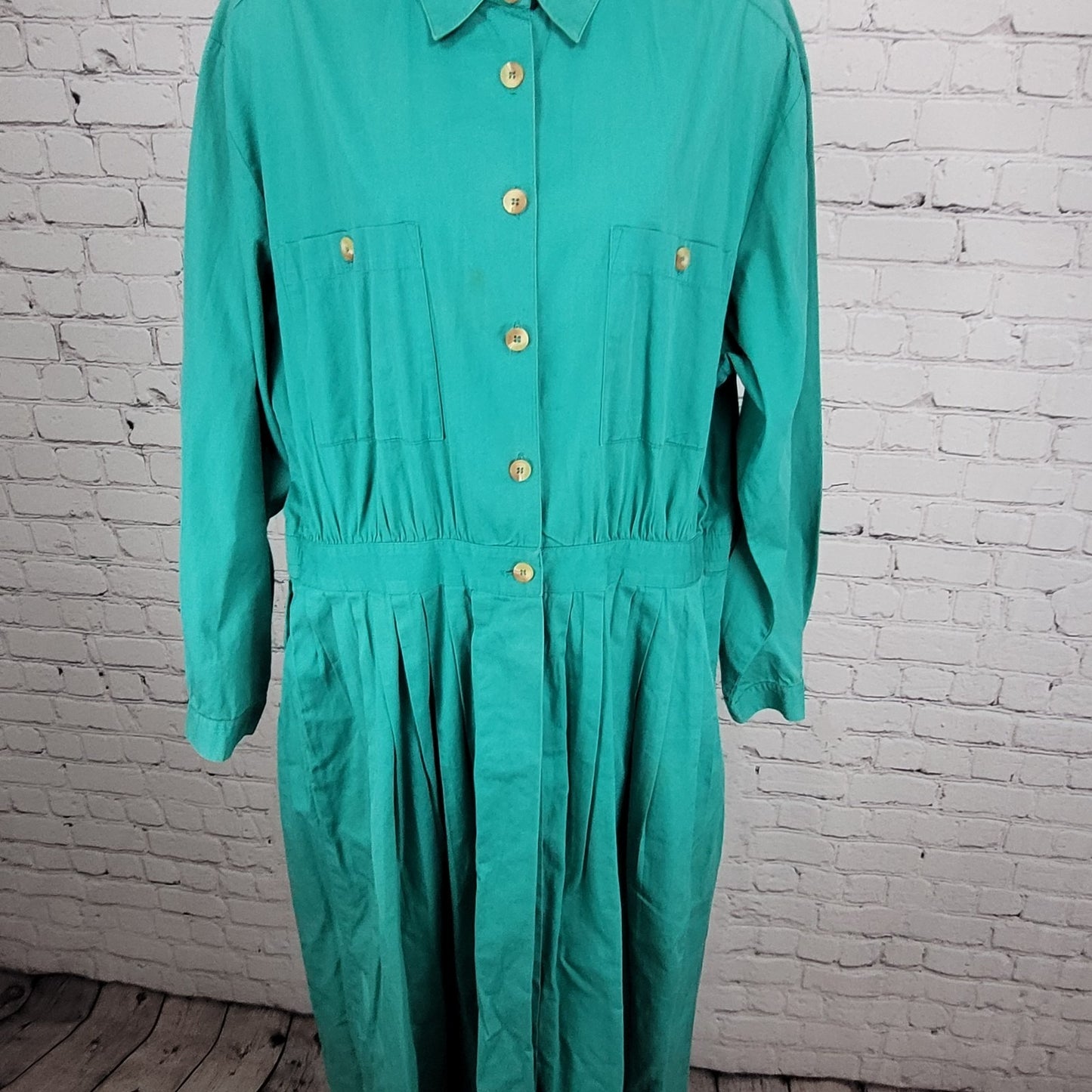 VTG Talbots Green 100% Cotton Buttoned Belted Long Sleeve Shirt Dress Size 16