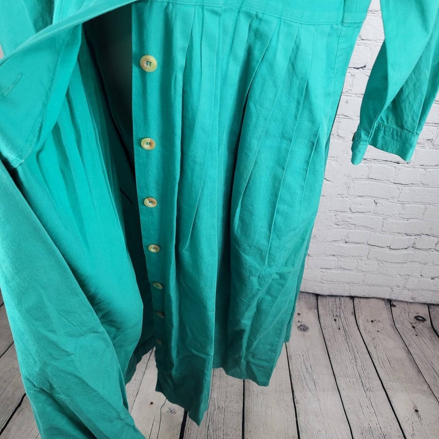 VTG Talbots Green 100% Cotton Buttoned Belted Long Sleeve Shirt Dress Size 16