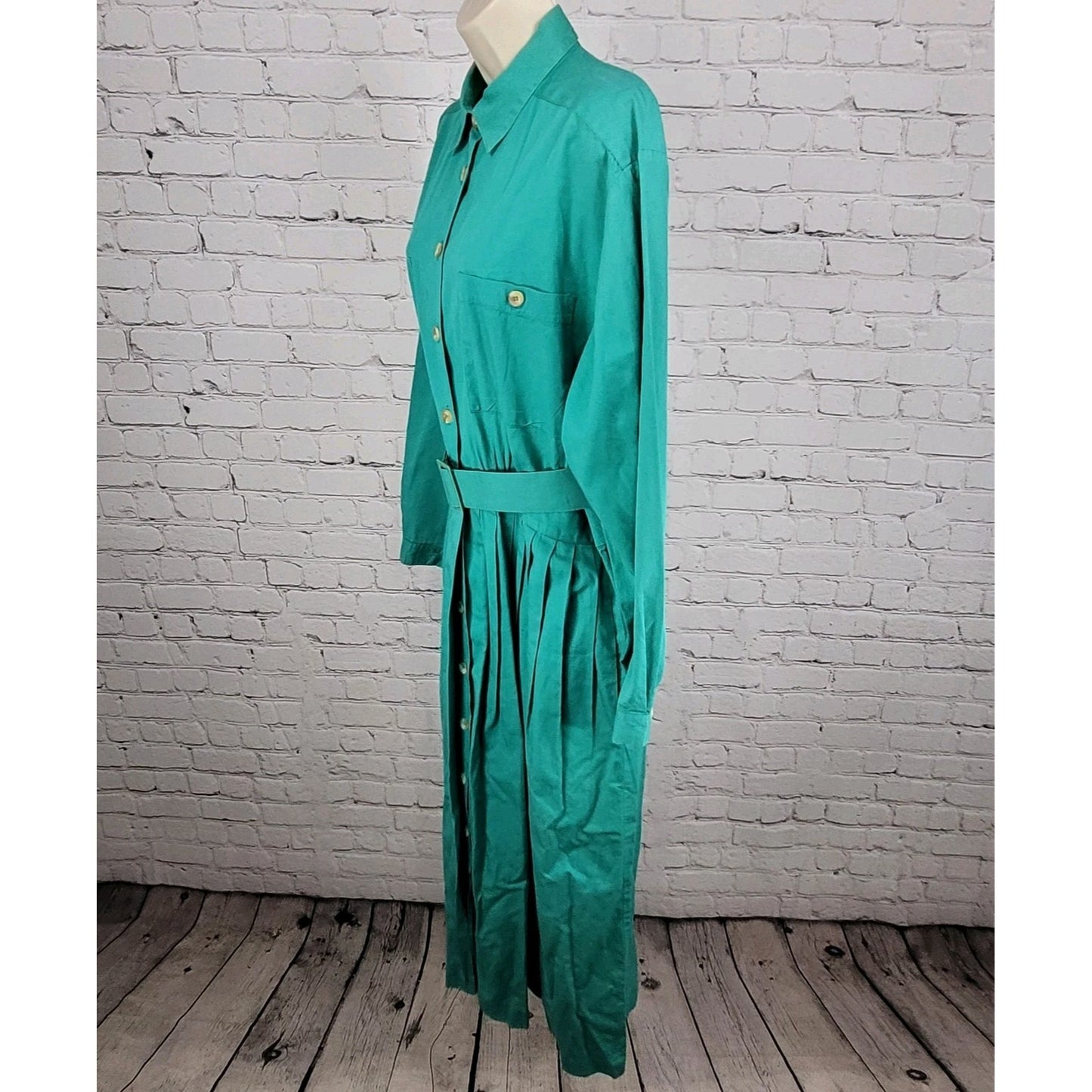 VTG Talbots Green 100% Cotton Buttoned Belted Long Sleeve Shirt Dress Size 16