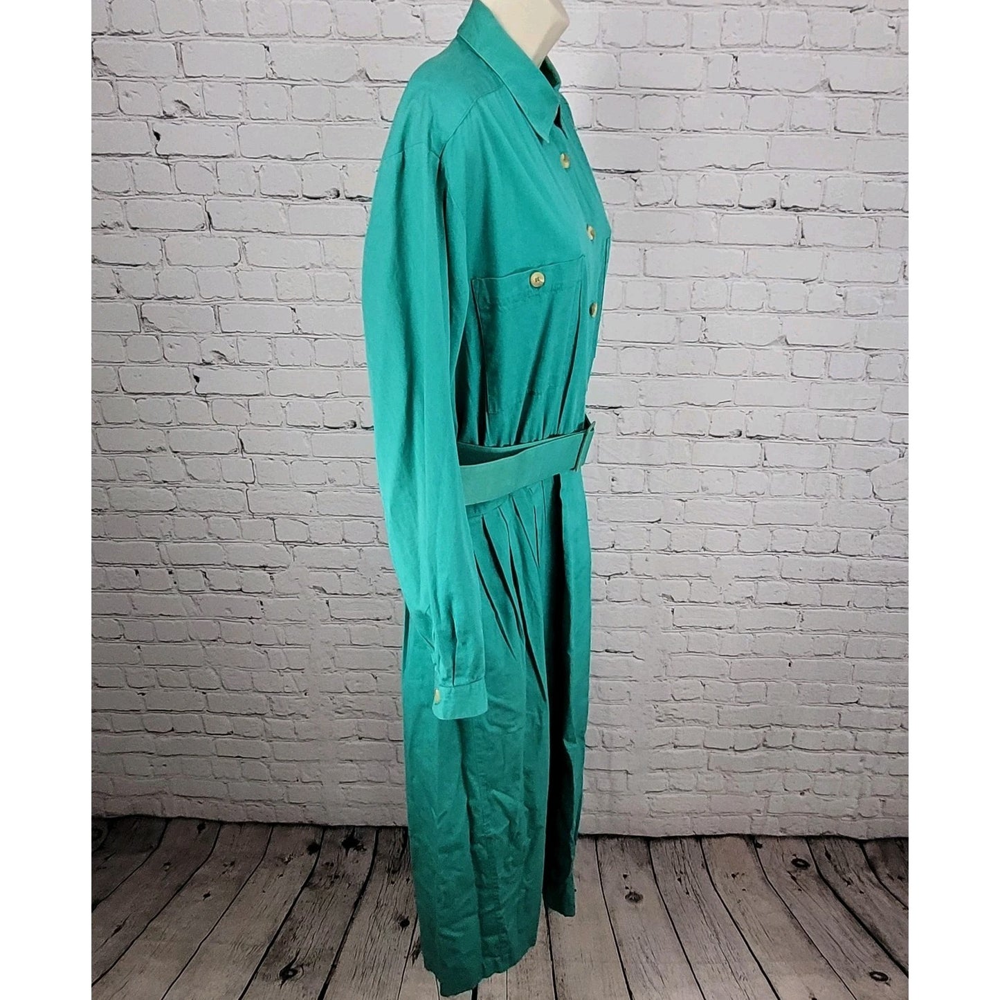 VTG Talbots Green 100% Cotton Buttoned Belted Long Sleeve Shirt Dress Size 16