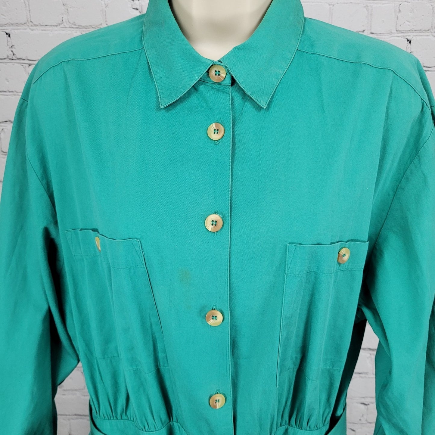 VTG Talbots Green 100% Cotton Buttoned Belted Long Sleeve Shirt Dress Size 16