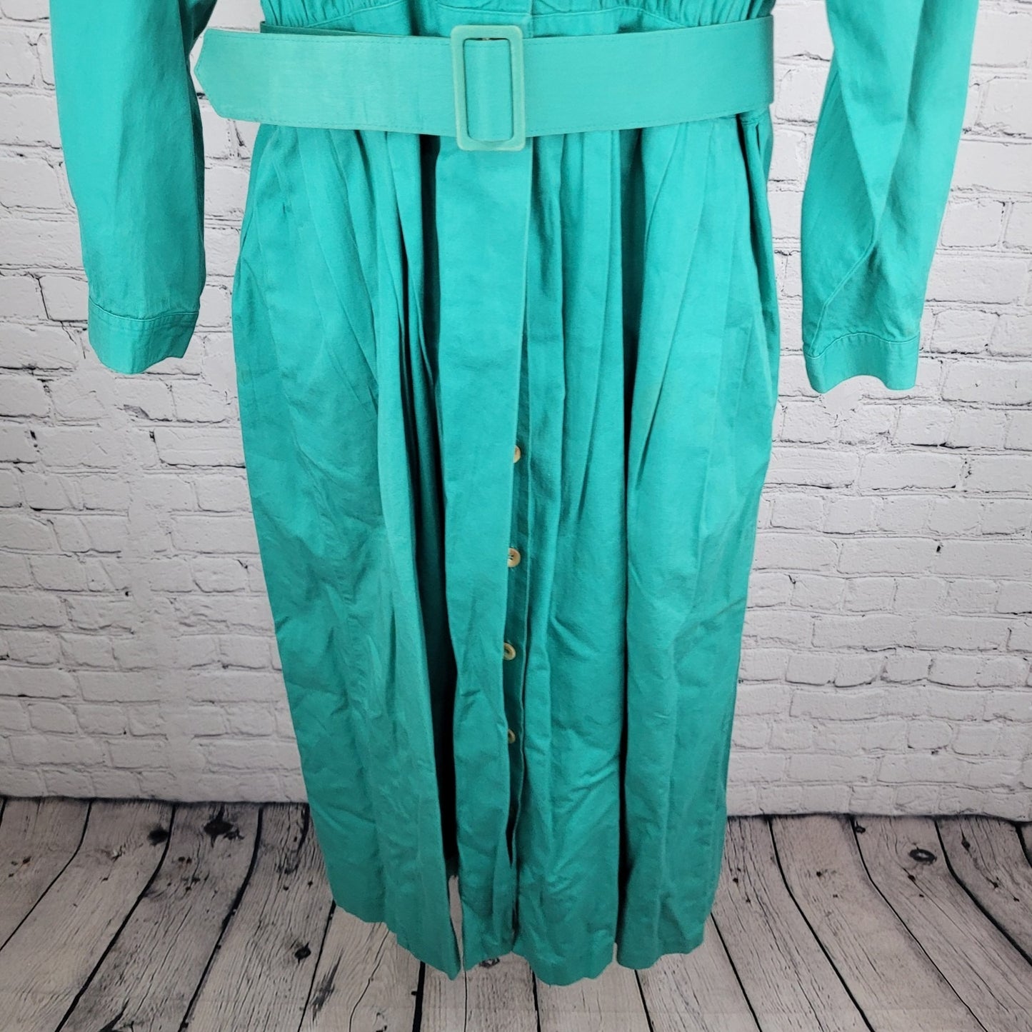 VTG Talbots Green 100% Cotton Buttoned Belted Long Sleeve Shirt Dress Size 16