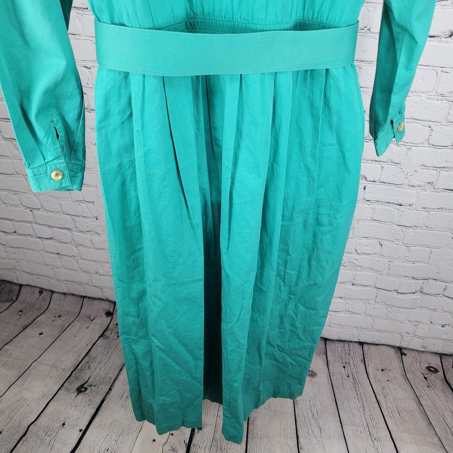VTG Talbots Green 100% Cotton Buttoned Belted Long Sleeve Shirt Dress Size 16
