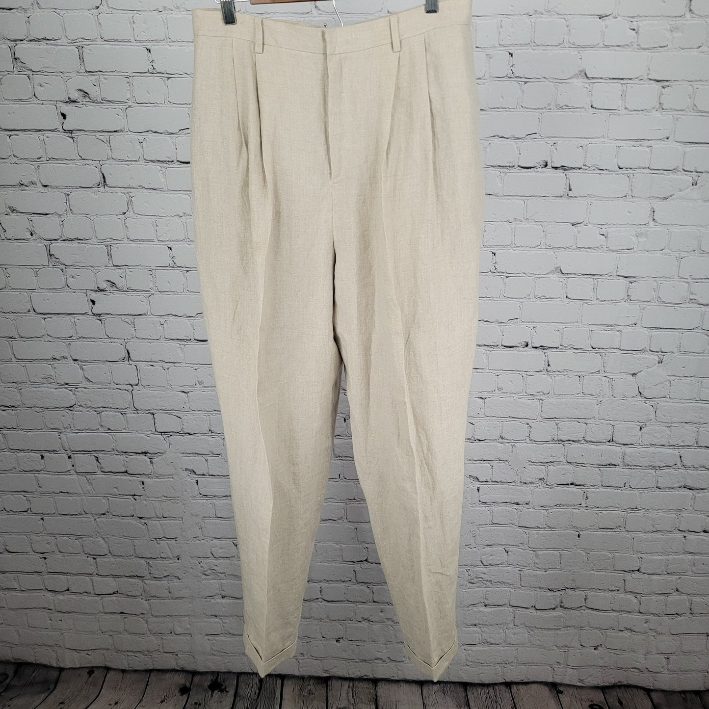 Classiques Entier Beige 100% Linen Pleated Lined Tapered Cuffed Pants 14 (30x31)