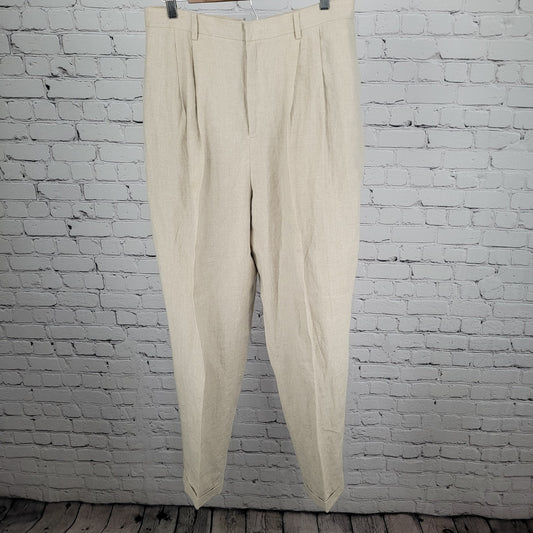 Classiques Entier Beige 100% Linen Pleated Lined Tapered Cuffed Pants 14 (30x31)
