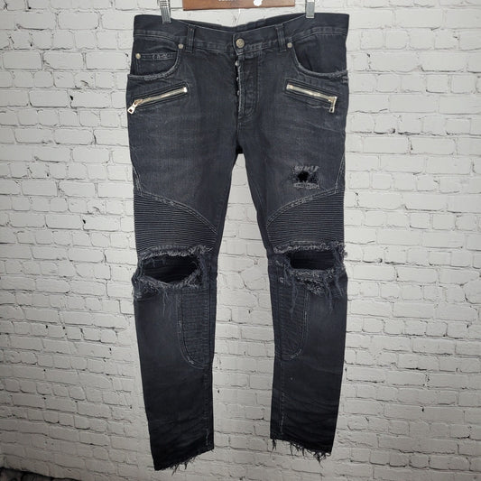 Balmain Black Denim Distressed Button Fly Tapered Moto Jeans Italy 33 (33x33)