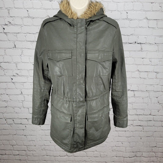 Joie Green Grey Waxed Cotton Zipped Faux Fur Hooded Utility Jacket Size XS
