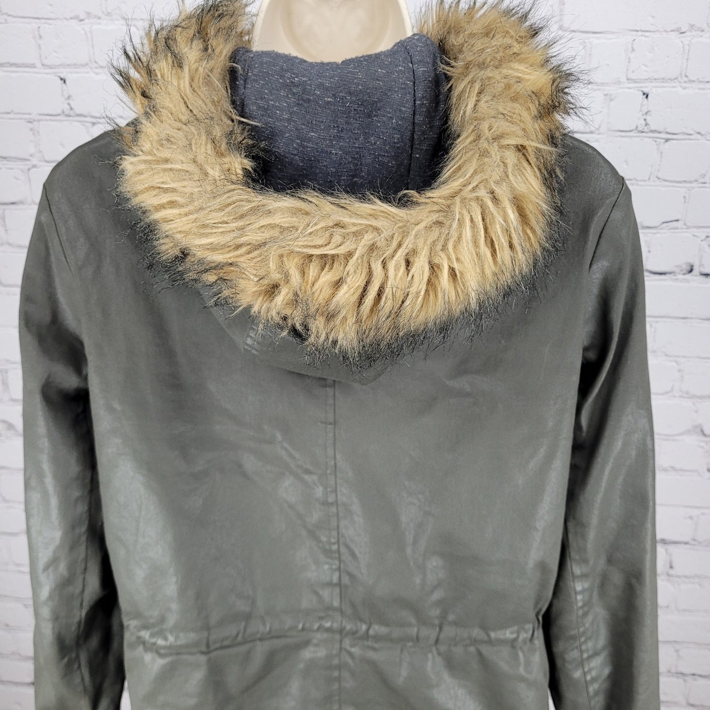 Joie Green Grey Waxed Cotton Zipped Faux Fur Hooded Utility Jacket Size XS
