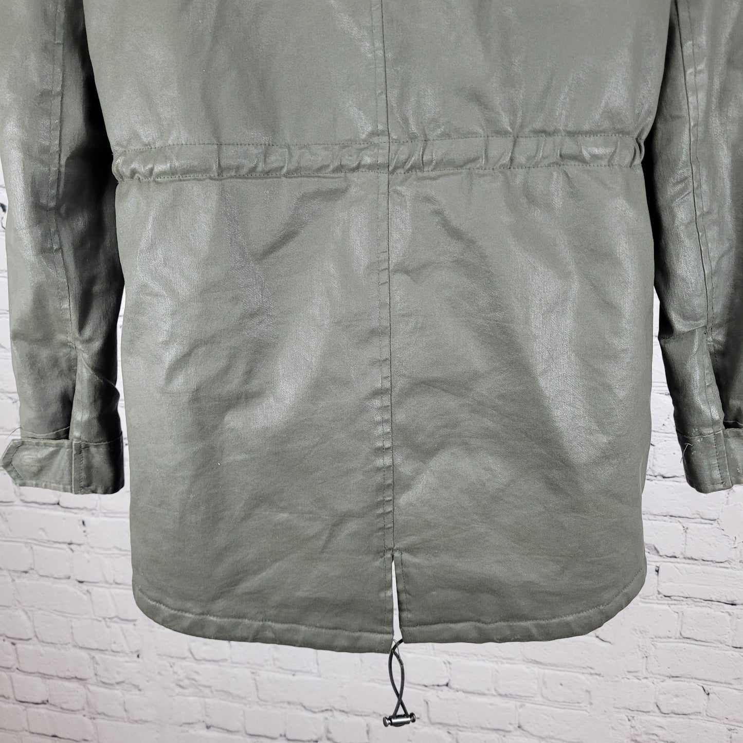 Joie Green Grey Waxed Cotton Zipped Faux Fur Hooded Utility Jacket Size XS