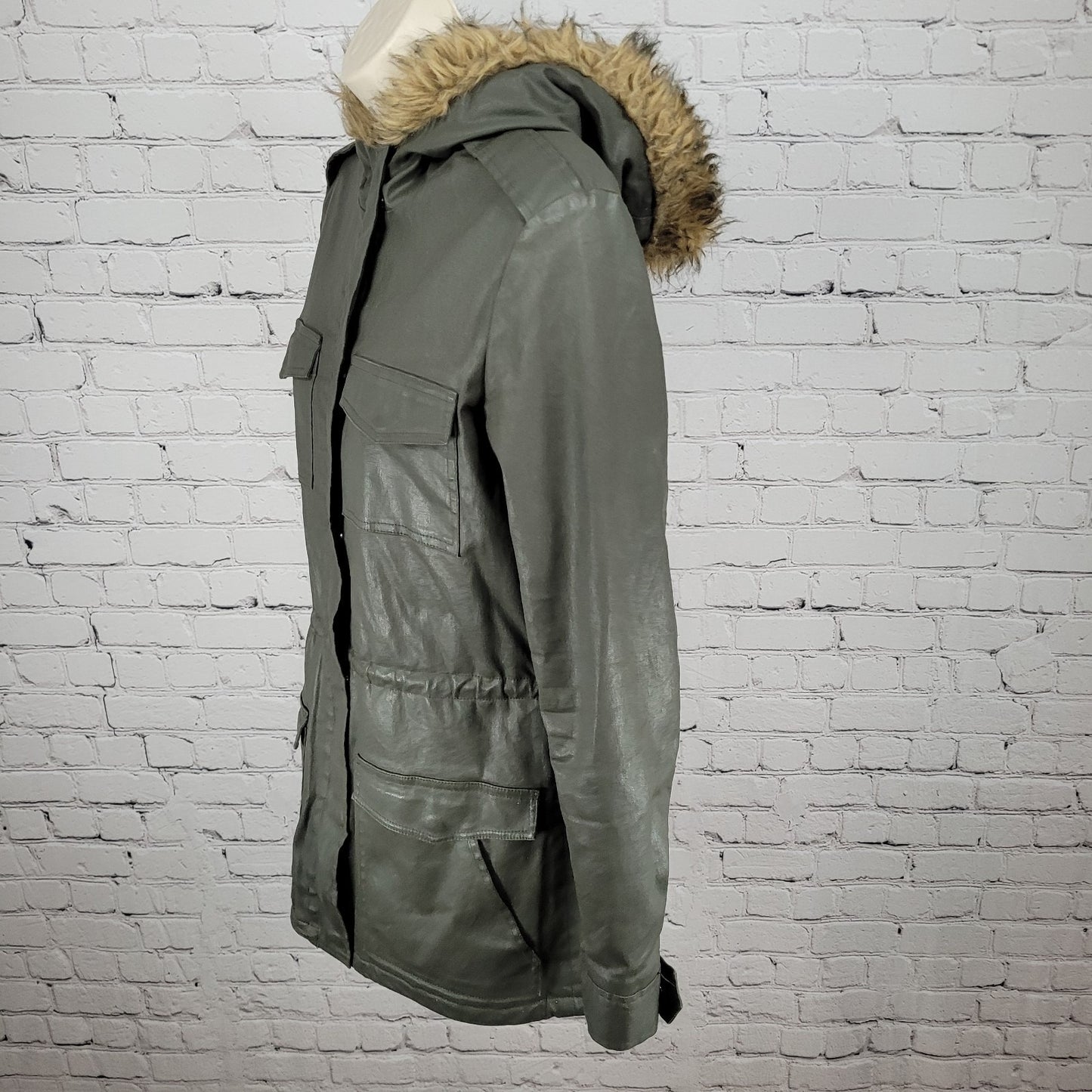 Joie Green Grey Waxed Cotton Zipped Faux Fur Hooded Utility Jacket Size XS