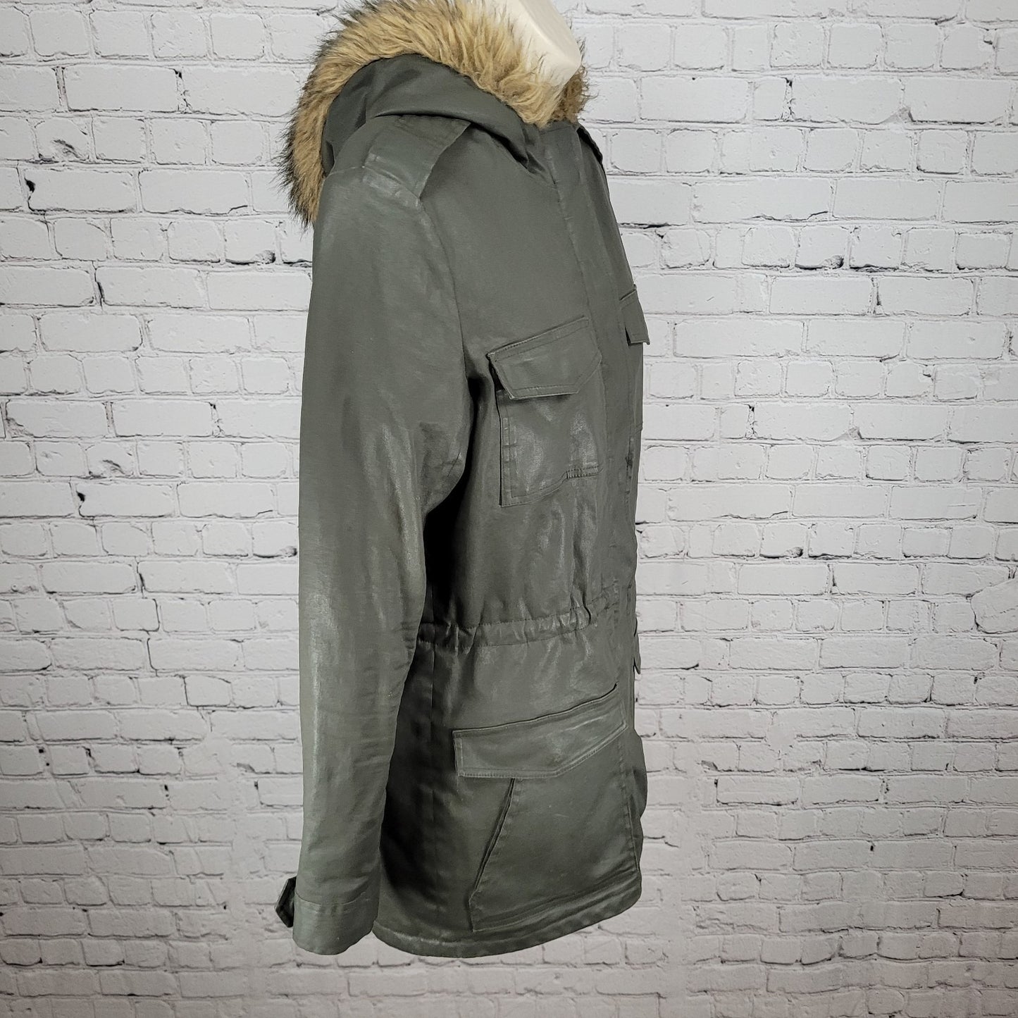 Joie Green Grey Waxed Cotton Zipped Faux Fur Hooded Utility Jacket Size XS