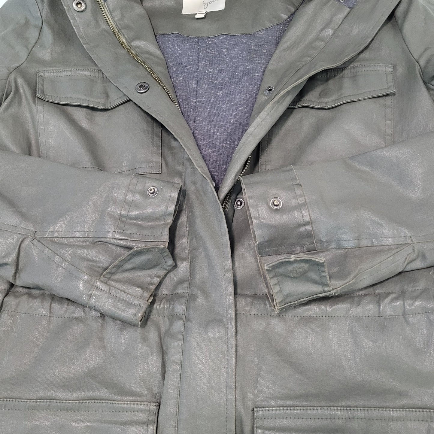 Joie Green Grey Waxed Cotton Zipped Faux Fur Hooded Utility Jacket Size XS