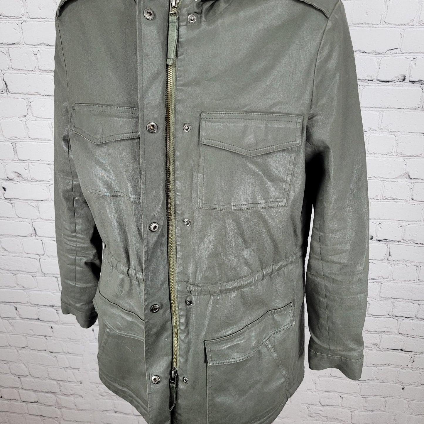 Joie Green Grey Waxed Cotton Zipped Faux Fur Hooded Utility Jacket Size XS